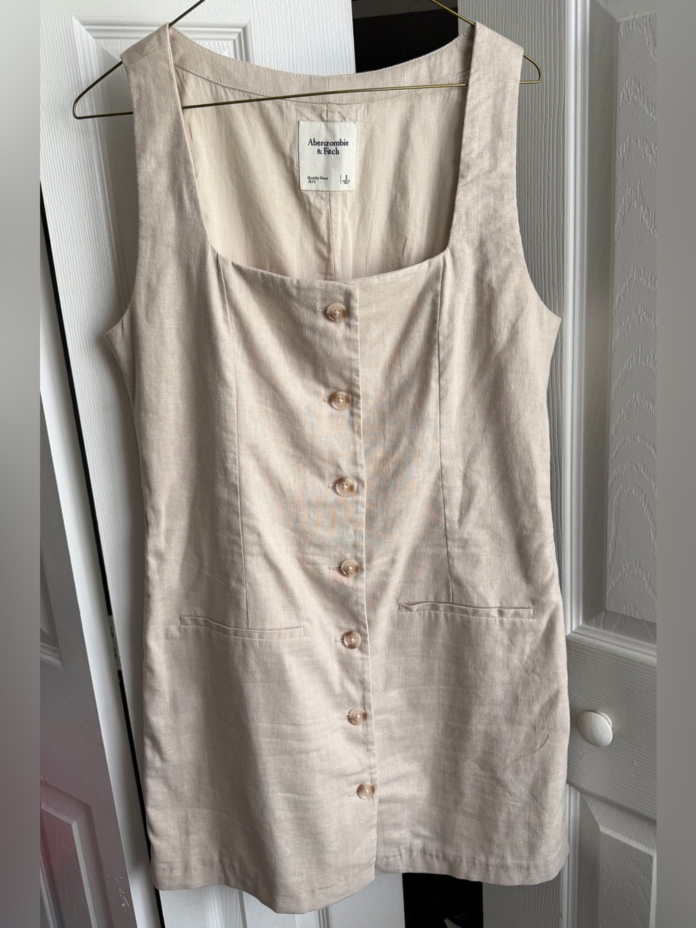 Abercrombie & Fitch Light Beige Linen/Cotton Button-Front Square-Neck Mini Dress